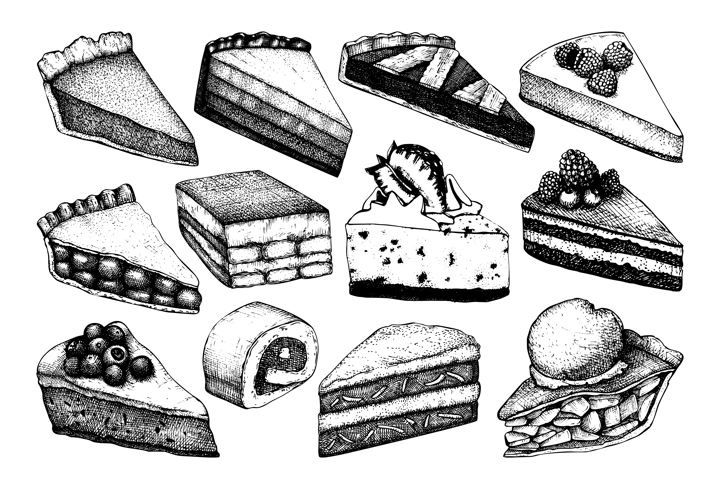 Digital vector detailed line art sliced cake and cupcakes hand drawn retro illustration collection. Thin artistic pencil outline. Vintage ink flat, engraved design doodle sketches